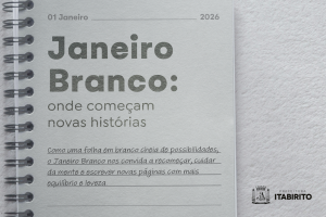Arte da campanha com um texto escrito numa folha em branco.